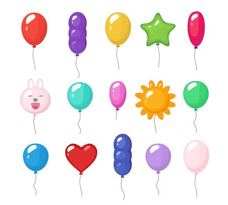 Cartoon balloons. Festive entertainment bright reflections colored items shiny flying toys for party vector rubber air balloons. Birthday bright air helium balloons heart star and sun illustrationのイラスト素材