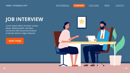 Job interview. Corporate company, jobs applicant and specialist. Head hunter, recruitment and hr agency. Woman and business man talking, hiring vector page. Interview manager, employment illustrationのイラスト素材