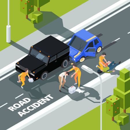 Accidence road. Paramedic first aid help to people police and medical workers vector isometric background. First aid after driving accident on road illustrationのイラスト素材