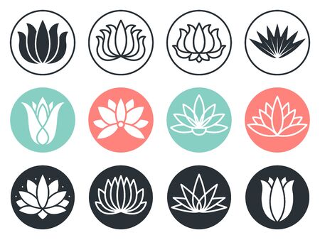 Lotus flowers icon. Stylized abstract beauty harmony plants vector collection symbols. Blossom plant spa, stylized and insignia wellness flower illustrationのイラスト素材