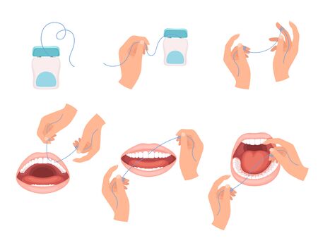 Floss dental. Steps how to use hygiene floss for teeth medical dentist vector infographic scheme. Dental clean mouth, medical flossing care illustrationのイラスト素材