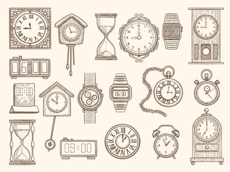 Watches set. Drawing clocks timers alarms vector pictures collection. Timer and watch, alarm clock drawing, doodle stopwatch sketch illustrationのイラスト素材