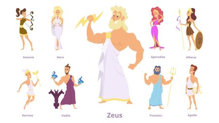 Greek gods. Ancient religion, greece history. Zeus, athena, poseidon character. Isolated cartoon mythology goddess vector illustration. Greek goddess, ancient mythology and religion in greeceのイラスト素材