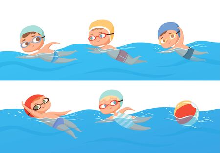 Kids swimming. Happy children water sport in pool summer swimming classes vector collection set. Happy boy abd girl in pool, people swimmer illustrationのイラスト素材