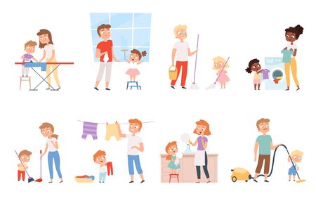 Children housework. Cleaning room washing appliance boys and girls helping parents vector cartoon people. Children helping parent, cleaning and housekeeper illustrationのイラスト素材