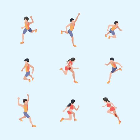 Marathon runners. Sport healthy lifestyle people running vector isometric characters. Run girl and boy, male person runner illustrationのイラスト素材