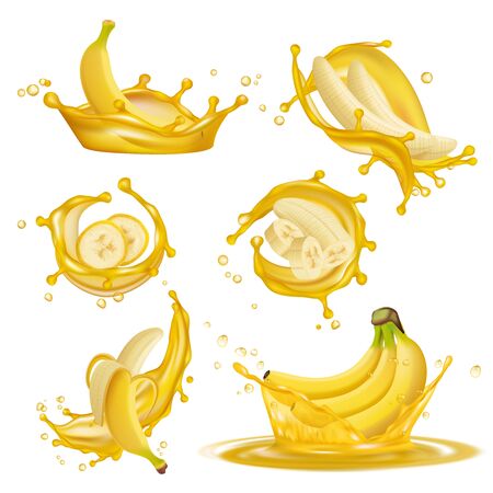 Banana juice. Liquid yellow drops from bannanas juice healthy fruits exotic desserts dripping 3d vector realistic promotional pictures. Illustration banana and liquid fresh juiceのイラスト素材