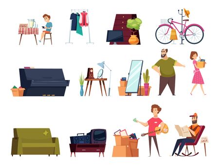 Garage selling. Flea marketplace with clothes and home vintage items many furniture old books toys vector cartoon set. Selling illustration market, piano, bicycle and old furnitureのイラスト素材