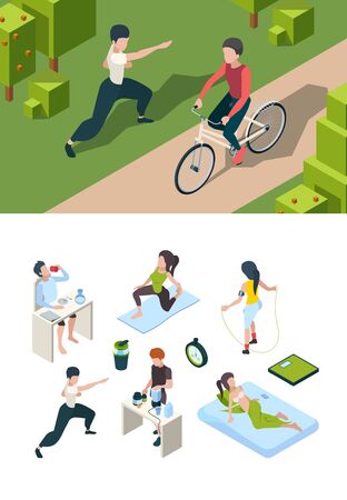 Healthy lifestyle. Daily activities of sport people nutrition for health active habits of successful person vector isometric. People do exercise for healthy, isometric fitness and yoga illustrationのイラスト素材