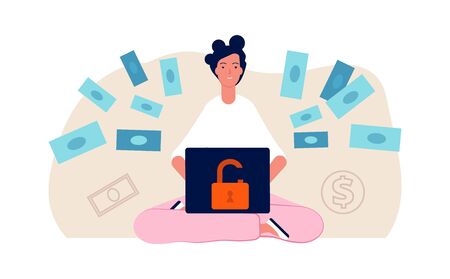 Hacker attack. Cute young girl hack bank online. Bad money safety, woman transfer money vector illustration. Hacker online attack, crime and thiefのイラスト素材