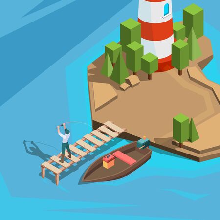 Fishing at dock. Outdoor berth fisherman in boat river or sea fishing with spinning active vacation time vector isometric background. Fisherman on lake or river, lighthouse and marina illustrationのイラスト素材