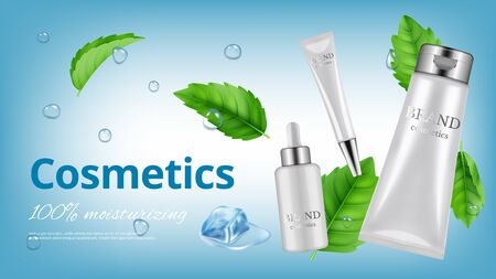 Realistic cosmetics banner. White bottles and tubes with water drops and mint leaves. Moisturizing cream vector illustration. Realistic cosmetic cream for skinのイラスト素材