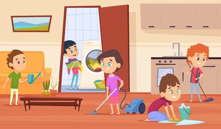 Housework with parents. Family couple mother father and kids making cleaning in house wash furniture brooming floor vector characters. Family parents children do housework, housekeeping illustrationのイラスト素材