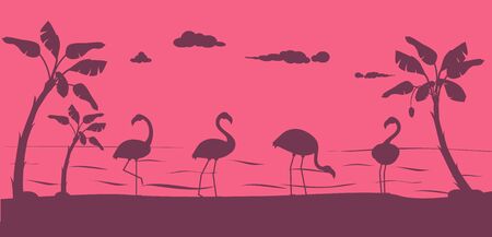 Flamingo silhouette. Birds on beach, wildlife and nature. Summertime, vacation or tourism illustration. Art flamingos vector background. Paradise park flamingo, silhouette summertime faunaのイラスト素材