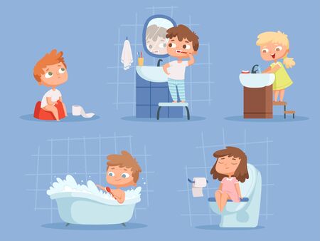 Kids bathing. Hygiene for children clean teeth morning routine hand washing vector cartoon people. Morning and bathing, children bath illustrationのイラスト素材