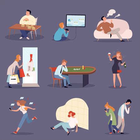 Addicted persons. Problem lifestyle drugged people casino gamers and alcoholics vector illustrations set. Addiction unhealthy and danger, bad habitのイラスト素材