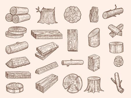Wooden trunks. Vintage drawn lumber stacked oak wooden old plants chopping vector sketch set. Oak trunk, wooden cut firewood, natural hardwood illustrationのイラスト素材