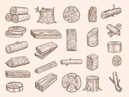 Wooden trunks. Vintage drawn lumber stacked oak wooden old plants chopping vector sketch set. Oak trunk, wooden cut firewood, natural hardwood illustrationの素材 [FY310145612497]