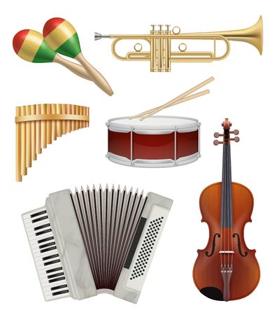 Music instruments. Audio items collection for pop or rock jazz music band vector illustrations. Equipment acoustic violin and button accordionのイラスト素材