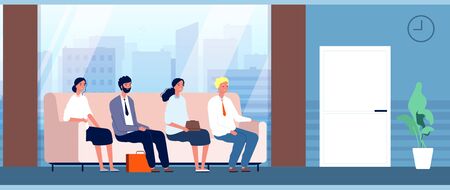 People sitting in hallway. Office workers, interview waiting line. Woman man on sofa in business hall, characters queue vector illustration. People queue in lobby or hallway, visiting and sittingのイラスト素材