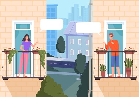 Neighbourhood houses. Friends looking out of windows and speaking urban modern building with balcony and outdoor windows with curtains. Vector landscape balcony and window neighborhood illustrationのイラスト素材