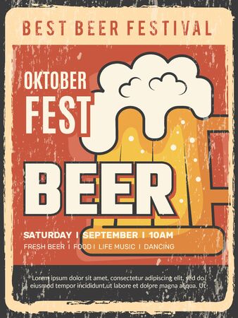 Oktoberfest placard. Traditional alcoholic event beer festival vector restaurant frame vintage poster template. Oktoberfest holiday, event fest graphic illustration beerのイラスト素材