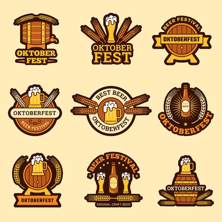 Oktoberfest badges. Alcoholic drinks craft beer inviting to celebration german traditional festive vector beer emblem. Illustration beer alcohol label collection, badge and signのイラスト素材
