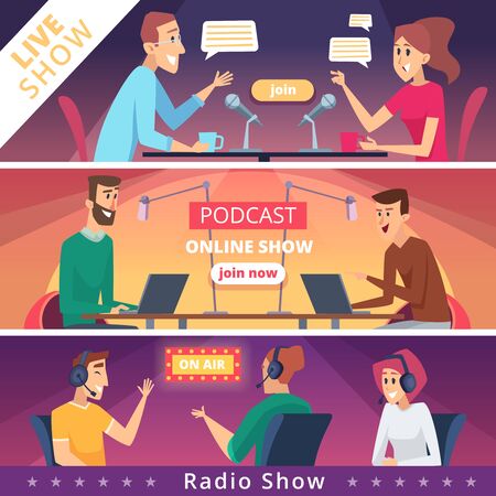 Radio show banners. Audio radio music microphones and headset live speakers vector illustrations. Radio show, microphone media studioのイラスト素材