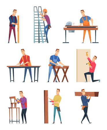 Carpenter character. Professional wood workman carpenter with equipment handyman job vector craftsman. Workman doing construction from wood, carpenter person professional illustrationのイラスト素材