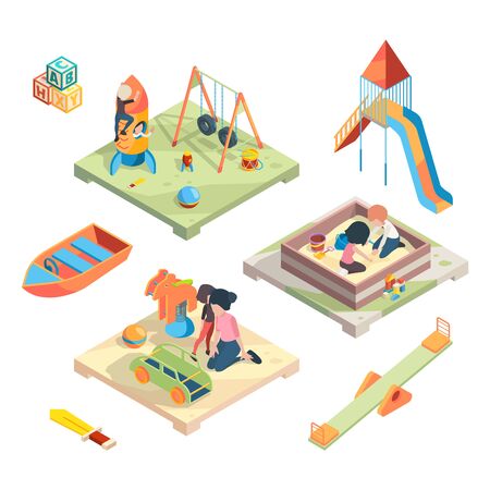Playground isometric. Place for funny games kids preschool playing with babysitter in amusement park toys vector pictures. Preschool game, play with child on playground illustrationのイラスト素材