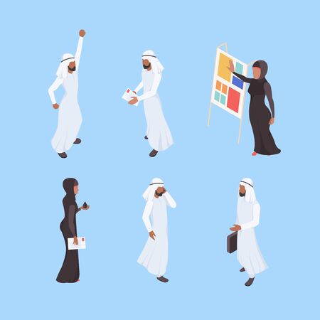 Muslim isometric. Business arabic characters working office managers male female dubai workers vector persons. People muslim, businessman arabic saudi illustrationのイラスト素材