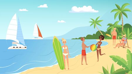 Beach vacation. Summertime, young people with cocktails, ball and surfboard on sea. Ocean relax vector illustration. Summer beach, woman and man holiday outdoor summertimeのイラスト素材