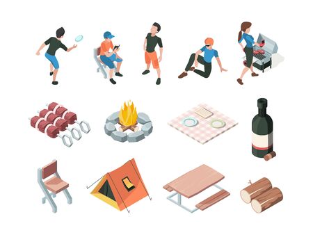 Bbq party. People relax picnic outdoor barbecue fresh products eating persons family playing vector isometric. Woman and man, bottle wine and barbeque meal steak illustrationのイラスト素材