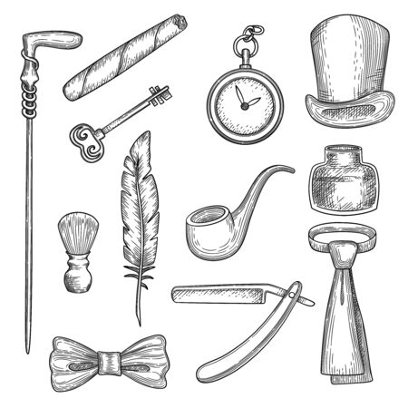 Gentleman set. Retro hand drawn collection of man clothes and accessories whiskey clock smoking cylinder cutthroat vector fashion illustration. Gentleman clothing and fashion, cigar and bowlerのイラスト素材