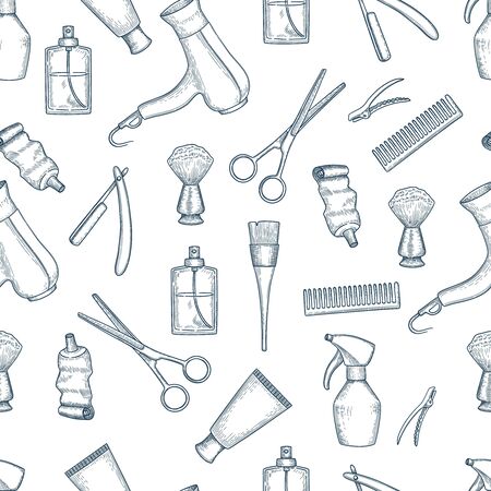 Barber shop pattern. Vintage razor comb scissors beauty salon items vector seamless background. Illustration seamless background barbershop, barber vintage patternのイラスト素材