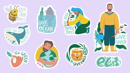 Ecology sticker. Green planet save earth protection environment eco friendly vector concept badges...