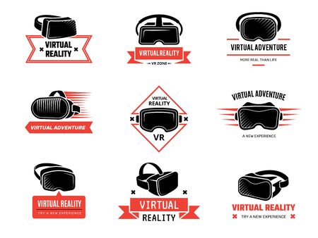 Vr helmet logo. Badges set for gamers future technology headset virtual reality entertainment vector emblems. Virtual helmet logo, vr reality video illustrationのイラスト素材