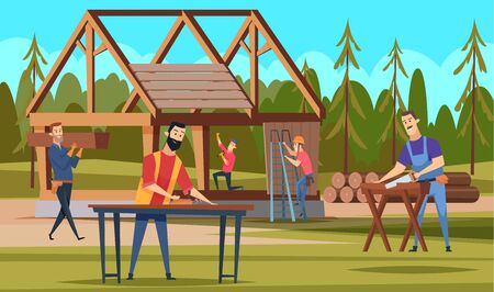 Wooden roof builders. Professional carpenters team making building handyman craftsman working vector cartoon house background. Construction worker residential, development wooden house illustrationのイラスト素材