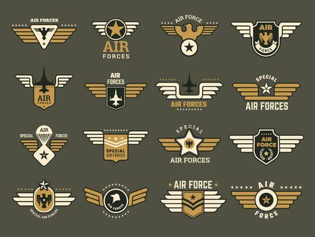 Army badges. Air special forces emblems with different symbols weapons wings anchor vector military set. Illustration military emblem, army air force insigniaのイラスト素材