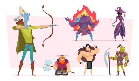 Fantasy characters. Fairytale humans and creatures elf orc demon giant vector cartoon personages. Fantasy character, wizard and magician illustrationのイラスト素材
