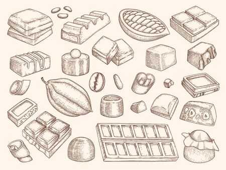 Chocolate drawn. Engraved pictures of chocol and black chocolate pieces. Vector illustration set of chocolate food, sketch drawing sweetsのイラスト素材