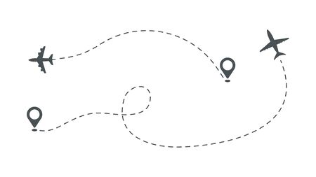Plane take off. Aircraft path, airplane isolated route vector illustration. Flight aircraft, airplane travel path, jet route line dotsのイラスト素材