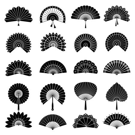 Chinese fan. Beautiful japanese hand paper fan vector authentic illustrations. Black white souvenir, japan or chinese fan traditional, accessory folding vectorのイラスト素材