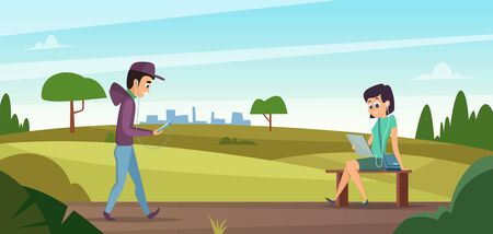 Reading in park. Boy walk on nature, girl sitting on bench with book vector illustration. People studying and relaxation, recreation and learning literatureのイラスト素材