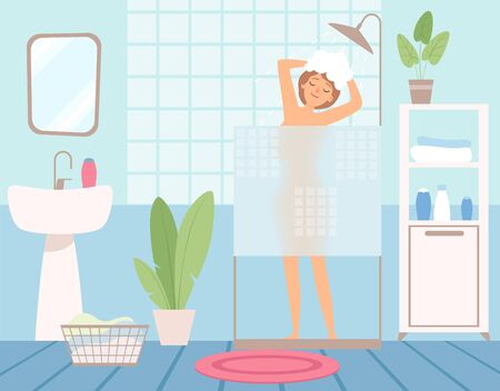 Girl takes shower. Bathroom interior, hygiene procedures. Woman washes her head vector illustration. Girl in bathroom, shower clean with soapのイラスト素材