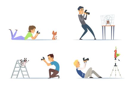 Animal photographers. Bloggers with photo cameras and pets vector illustration. Photographer and pet shooting by cameraのイラスト素材