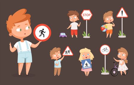 Kids rules road. School people with traffic signs safety education crossing road traffic lights vector cartoon characters. Sign road for pedestrian, child education traffic and crosswalk illustrationのイラスト素材
