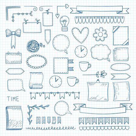 Diary doodle notes. Hand drawn graphic shapes frames for notebook daily bullet journal ideas vector labels. Diary notebook, collection scribble sketchbook elements illustrationのイラスト素材