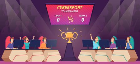 Cybersport competition. Viewers watching video game match on big screen tv cybersport arena vector cartoon background. Cyber competition, esport and cybersport competitive illustrationのイラスト素材