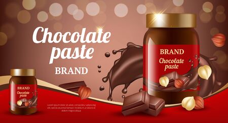 Chocolate cream ads. Delicious sweet brown paste flowing eat product vector realistic promotional placard. Sweet dessert, chocolate paste splash illustrationのイラスト素材